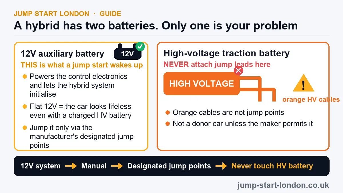 Hybrid 12V auxiliary battery (jump via designated points) beside the high-voltage traction battery marked never touch
