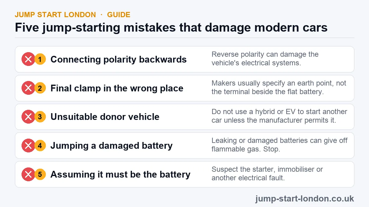 Five jump-starting mistakes: reverse polarity, final clamp misplaced, unsuitable donor, damaged battery, assuming battery